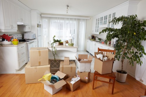Sustainable movers in Highbury sorting reusable items, recyclables, and packing waste