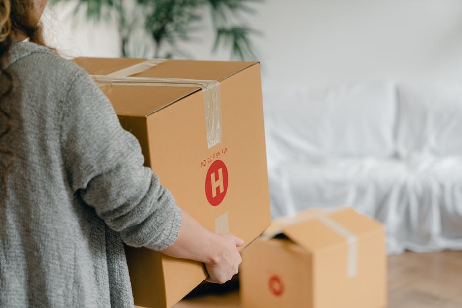 A person wearing a grey knitted sweater is in the process of packing or unpacking cardboard boxes during a home relocation, with one large box in their hands and another smaller box placed on the floor. The large cardboard box features red printed markings and a red 'H' symbol, and is sealed with clear packing tape. The scene is set indoors, near a white sofa with fabric slipcovers, and a green plant is visible in the background, contributing to a bright, well-lit environment. The individual appears to be preparing furniture transport or moving boxes for a house removal, reflecting packing and loading activities associated with professional relocations, which are services offered by Movers Highbury.